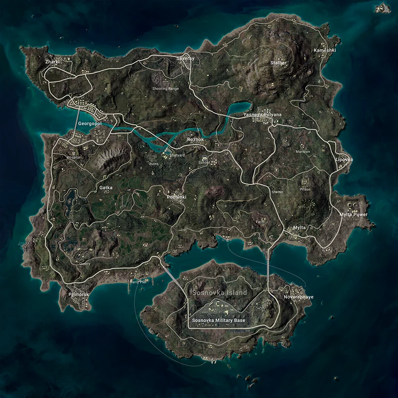 Erangel map with location names